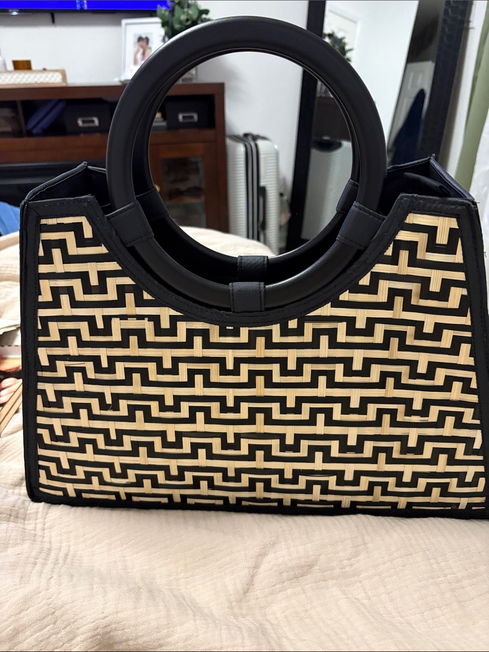 Black and Natural Woven Tote with Round Handles